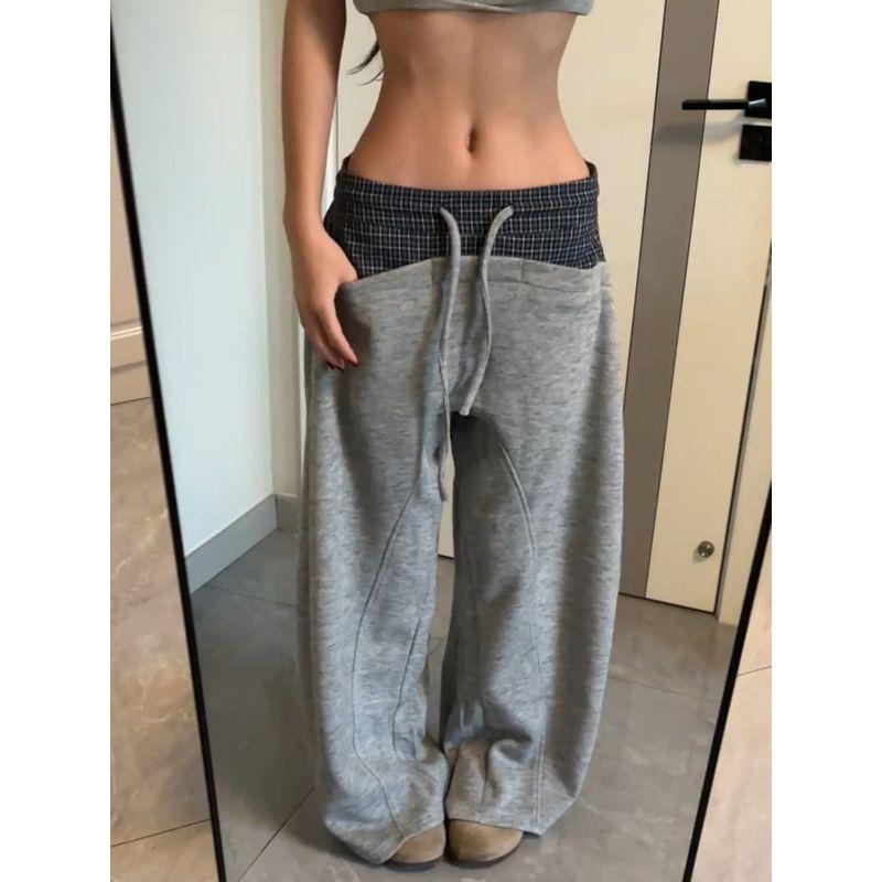 

Plus-Size American Retro Drawstring Plaid Patchwork Casual Pants for Women, 2026 New Style, Loose Irregular Wide-Leg Floor-Length Pants Gray S [Recommendation 40-47.5kg]
