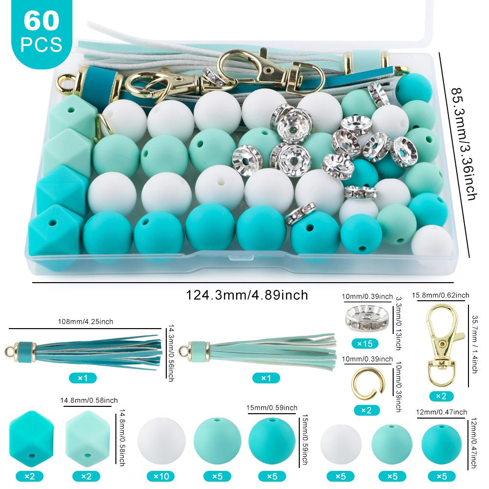 New 60Pcs/Box Leather Keychain Tassels Silicone Bead Round Hexagon Lentil For Jewelry Making DIY Keychain Bracelet Accessories