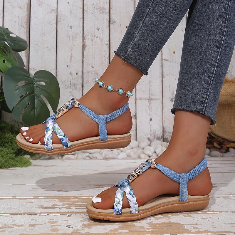 Women's Beaded Woven Flat Sandals - Summer Outdoor Fashion, Large Size, Casual Beach Shoes