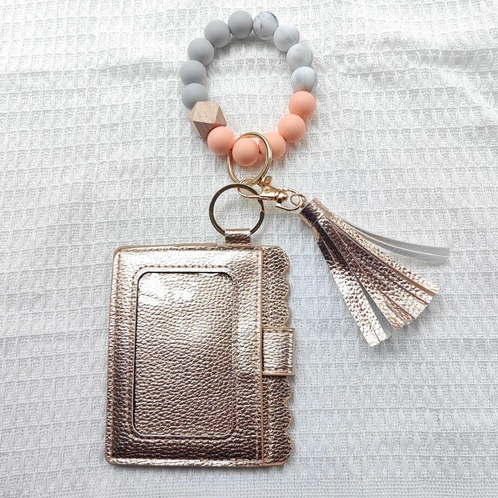 Leopard Print Silicone Bead Bracelet Keychain for Women with Tassel Pendant