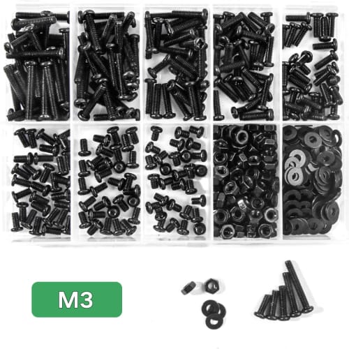 Zmbroll M3 Machine Screw Assortment Kit, 540pcs M3x4/5/6/8/10/12/16/20mm, Black Pan Head, Fully Threaded Carbon Steel Machine Screws, Phillips Drive F