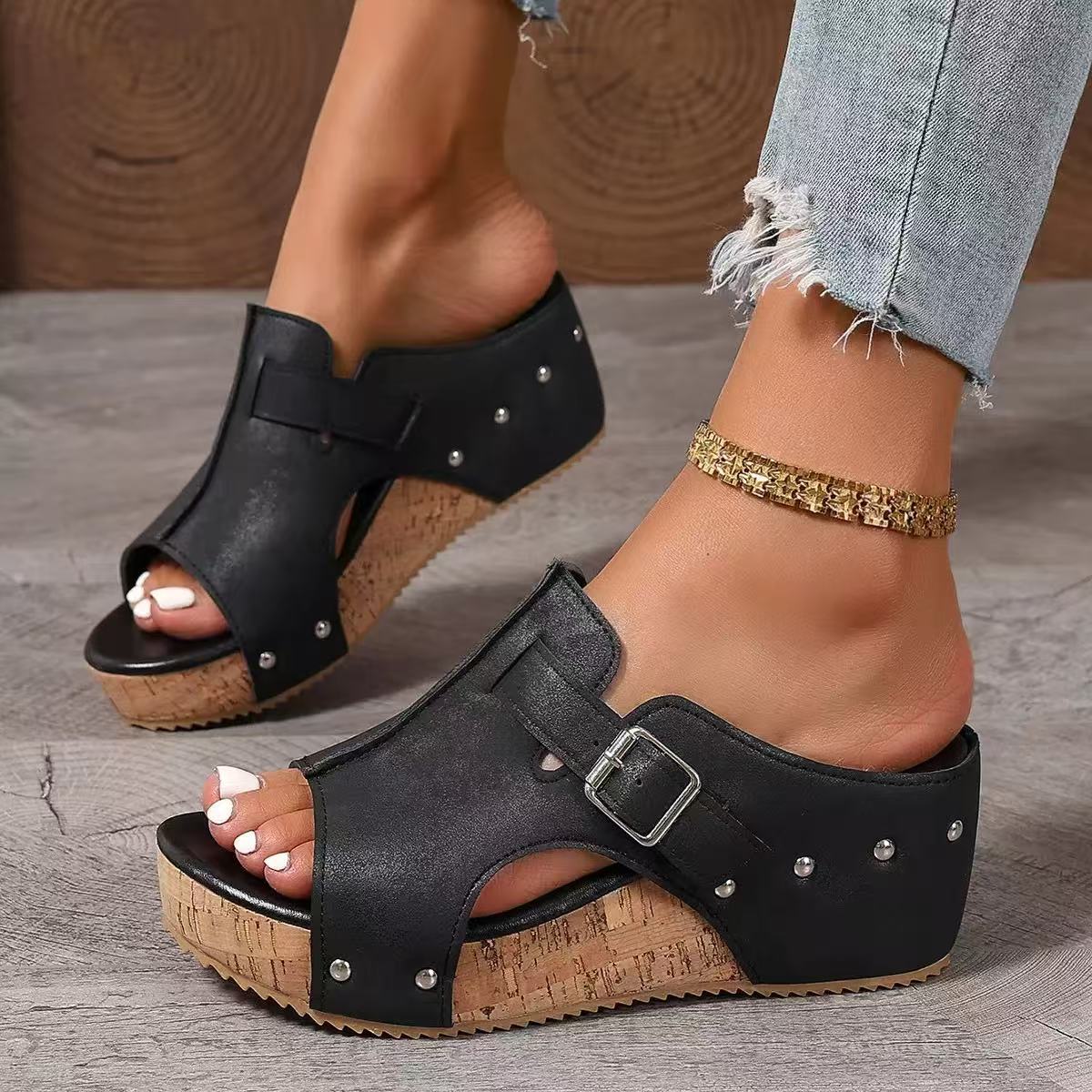 

Foreign trade large size wedge slippers women s summer 2025 new Velcro rivet sandals sandals women 36