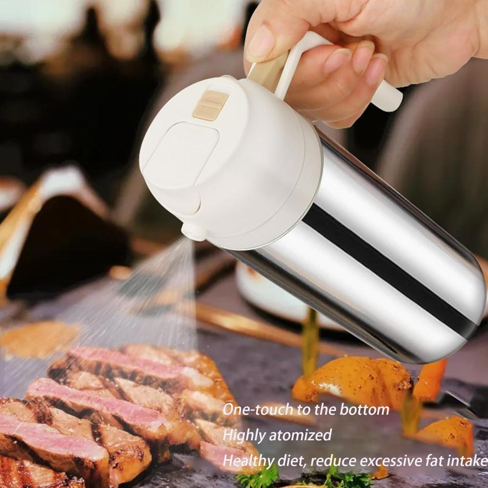 Two-in-one oil dispenser, stainless steel oil spray bottle, can be refilled with portable sprayer, suitable for baking, cooking,