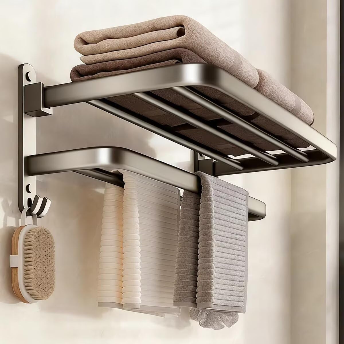 

Double-Layer Wall-Mounted Towel Hanger/Holder, 40cm Wide, Foldable, Rust-Resistant, Impact-Resistant, with Hooks, Stylish, Space-Saving, Strong Adhesi