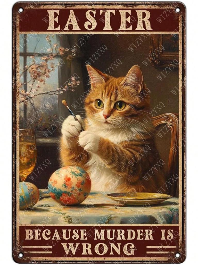 Easter Cat Painting Eggs  English  Vintage Funny Retro Decor  Iron  Metal Wall Art Sign  x Inch for Home Kitchen Cafe