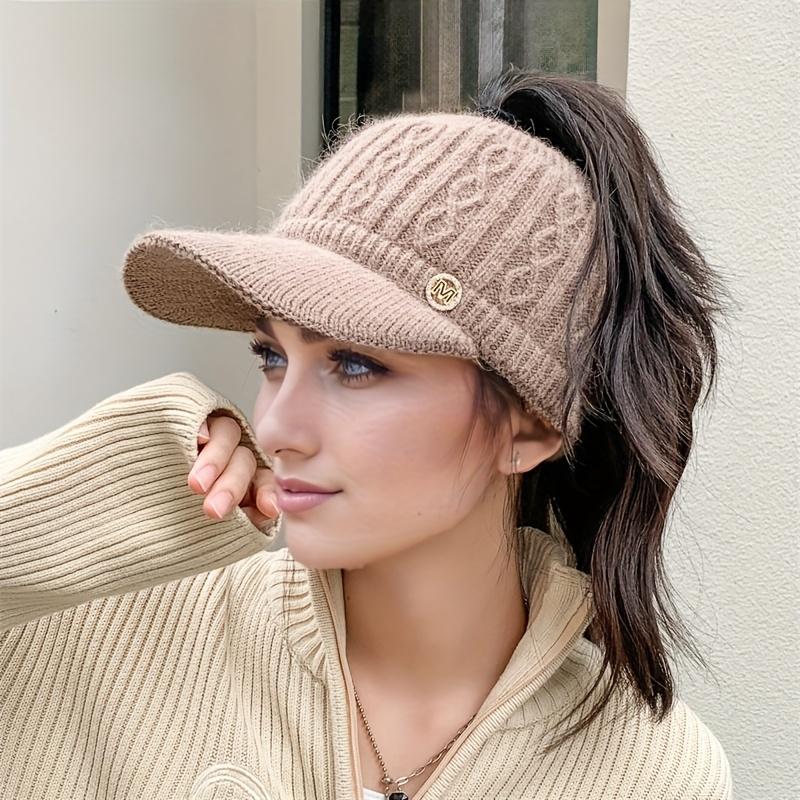 1pc Knitted Elastic Ponytail Baseball Cap, Autumn and Winter Warm Woolen Cap, Empty Top Cap, Outdoor Sports Cap, Warm Cap