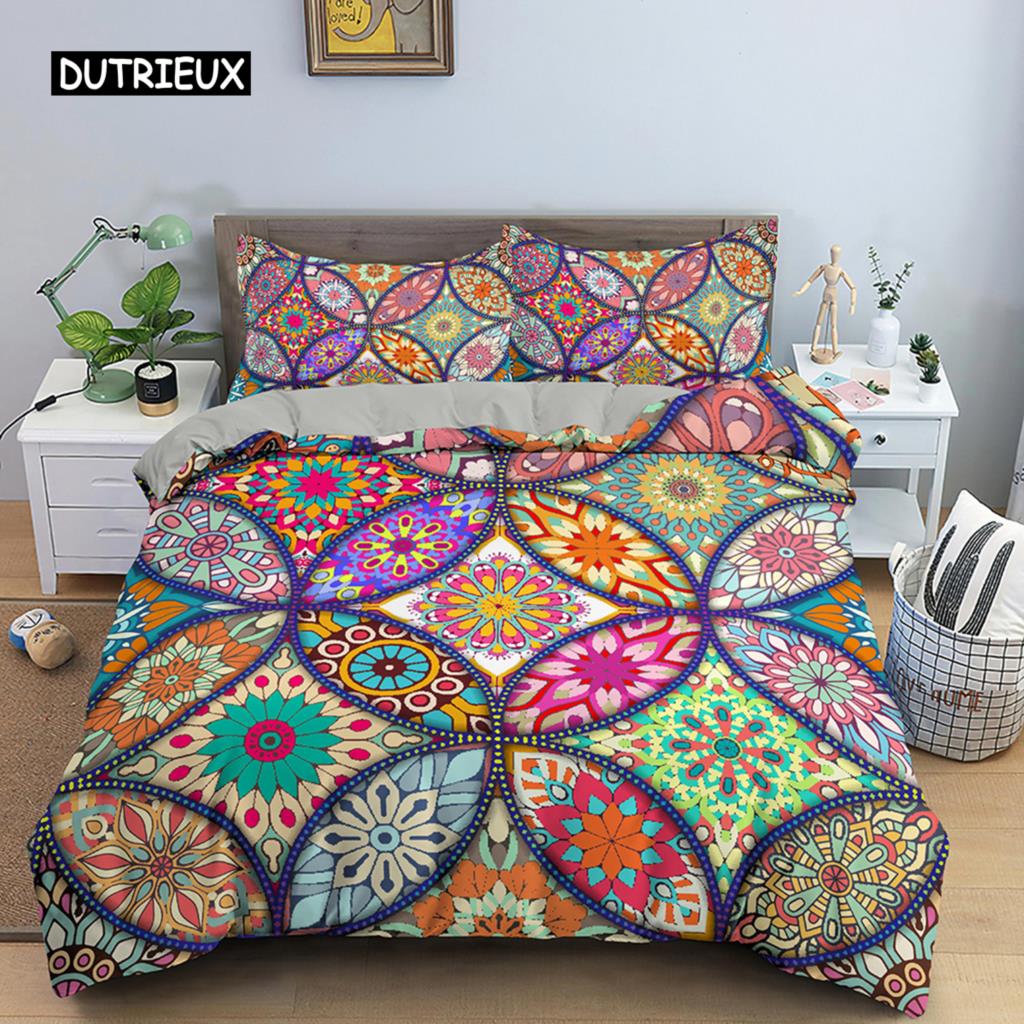 Mandala Duvet Cover Set King Polyester Tie Dye Paisley Quilt Cover Purple Boho Hippie Trippy Floral Exotic Style Bedding Set