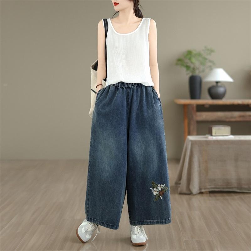 plus size Vintage floral embroidery high waist casual loose Women Spring summer autumn jeans denim wide leg Pants