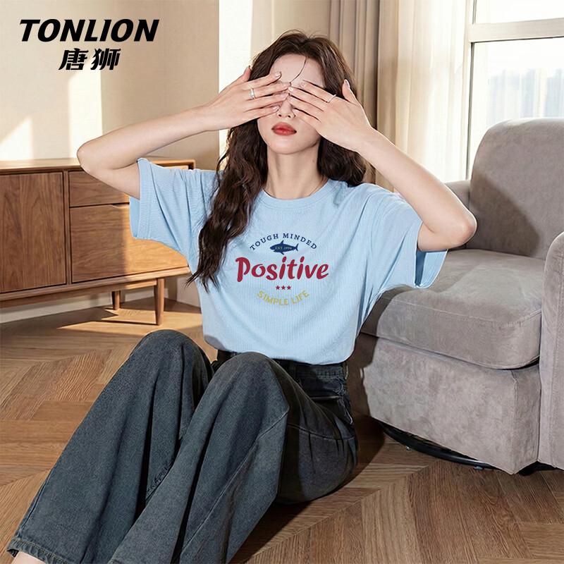 TonLion Women s Loose Fit Cotton Letter Print Short Sleeve T-Shirt S