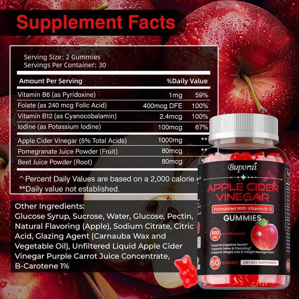 High-purity Apple Cider Vinegar Gummies, Containing Vitamin B12 Extract, Nutritional Supplement, Suitable for Both Men and Women.
