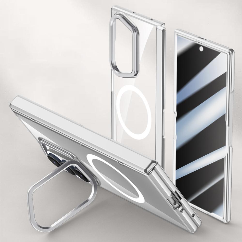 For Samsung Galaxy Z Fold7 5G Magnetic Case PC+Acrylic Phone Cover with Anti-Spy Screen Protector,Lens Kickstand