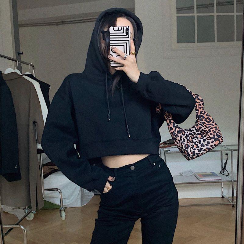 Lässiges Top, lockeres, langärmliges Fleece-Kapuzen-Kurz-Sweatshirt