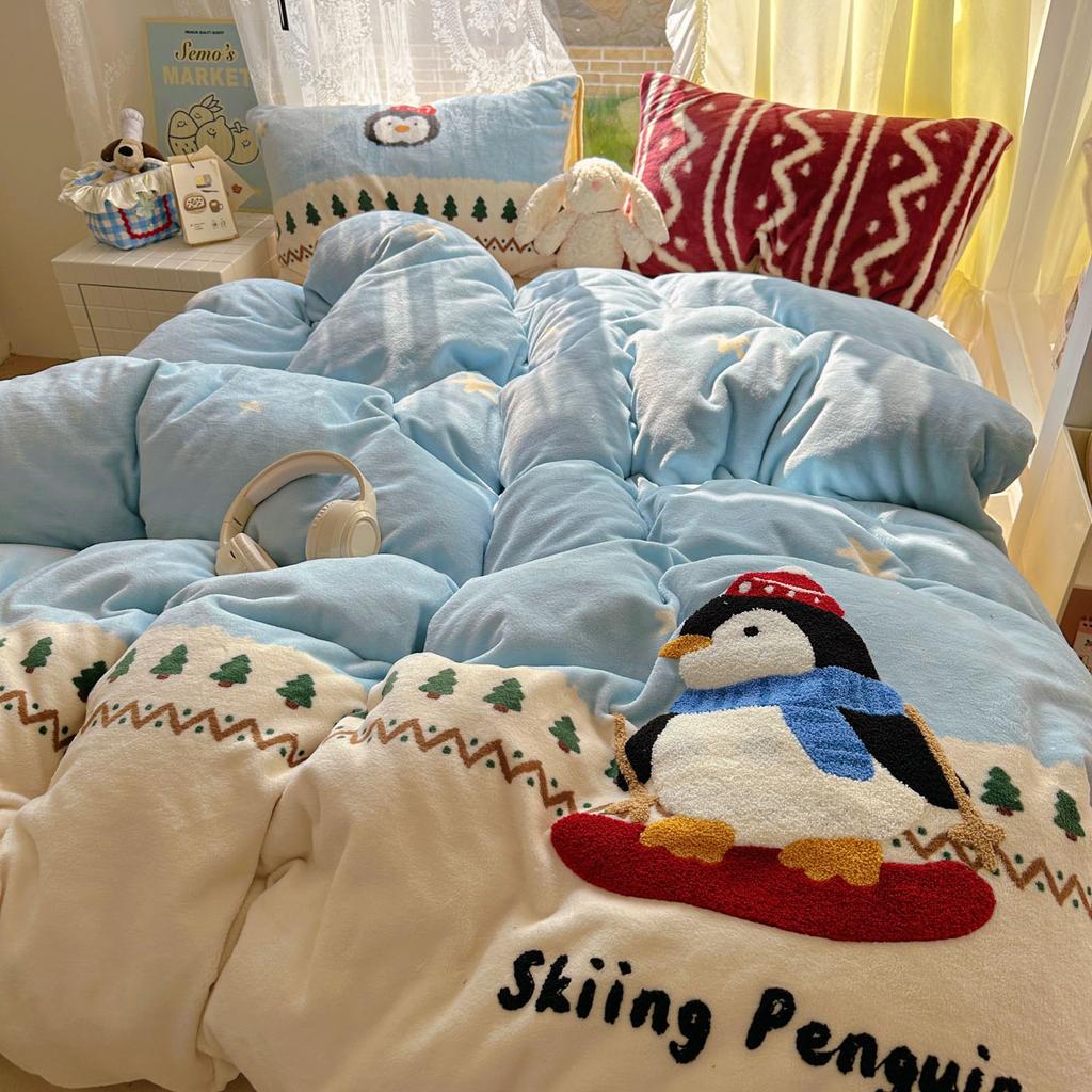 Thickened Milk Fleece Bed Four-Piece Set Coral Flannel Surface Towel Embroidered Quilt Cover Bed Sheet Three-Piece Bedding