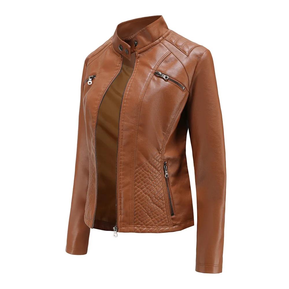 Women's Leather Coat Fashion Trend Simple Autumn Winter Stand Collar Zipper PU Leather Motorcycle Jacket for Women