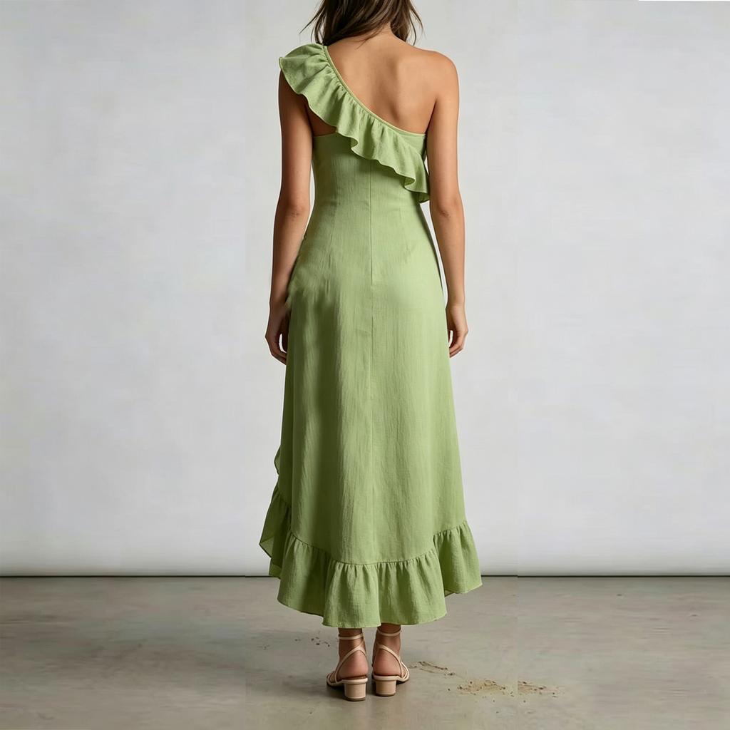 Women One Shoulder Ruffle Dress Asymmetric Hem Midi Dress Summer Sleeveless Casual Party Dress