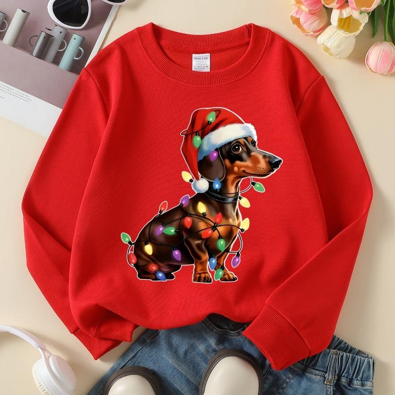 Kids Crewneck Long Sleeve Sweatshirt,achshund Dog with Christmas Lights & Holiday Hat Print