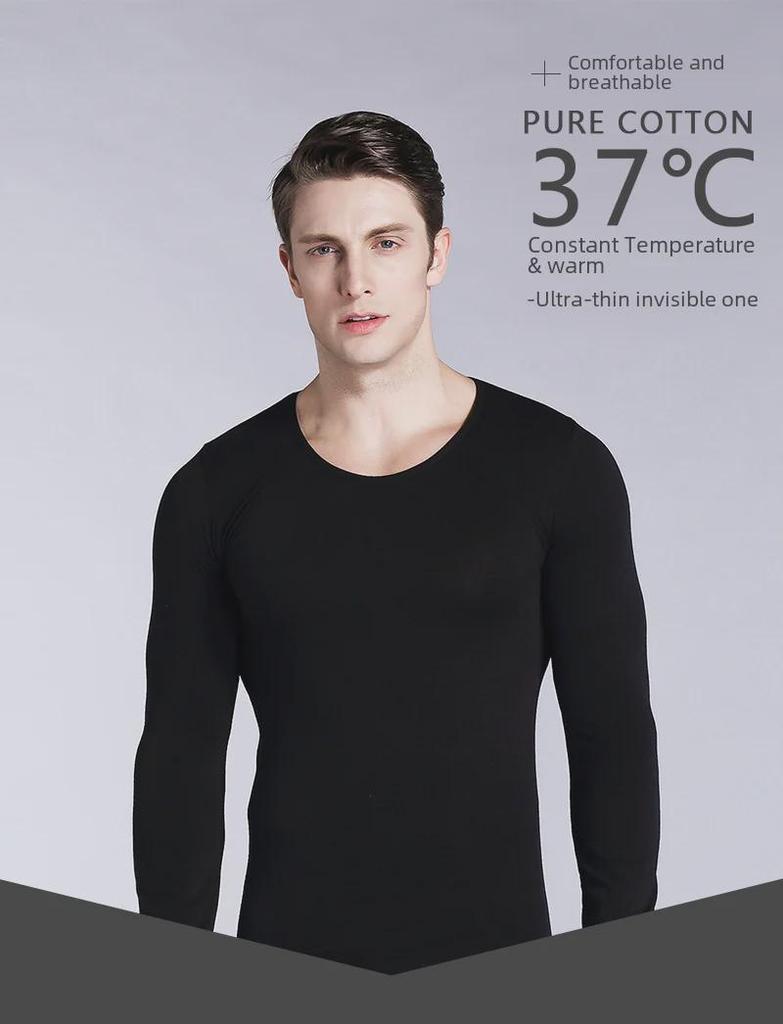 Men's Thermal Cotton Sweater & Pants Set - Round Neck, Thin Autumn Layer