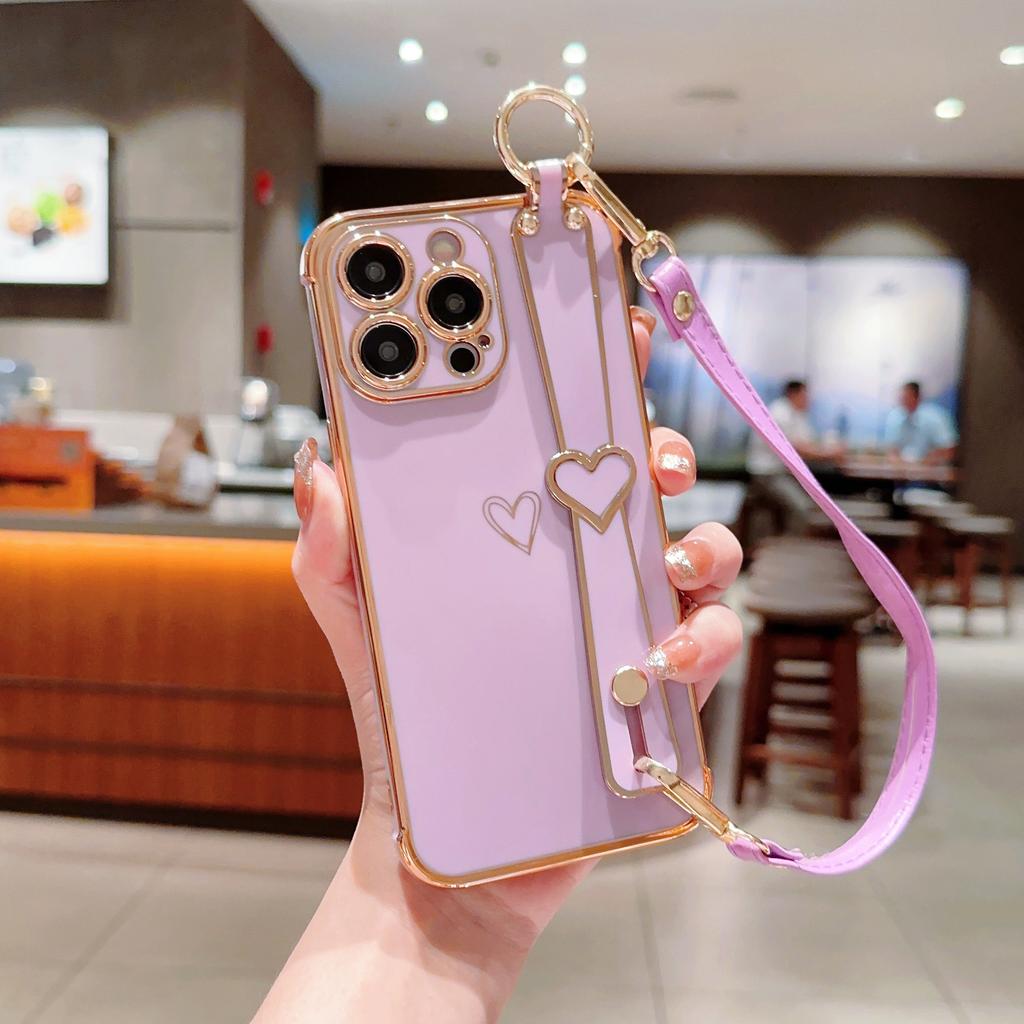 Electroplated Love Heart for IPhone16 Promax Wristband Holder for Apple 15 Simple Protective Case with Lanyard