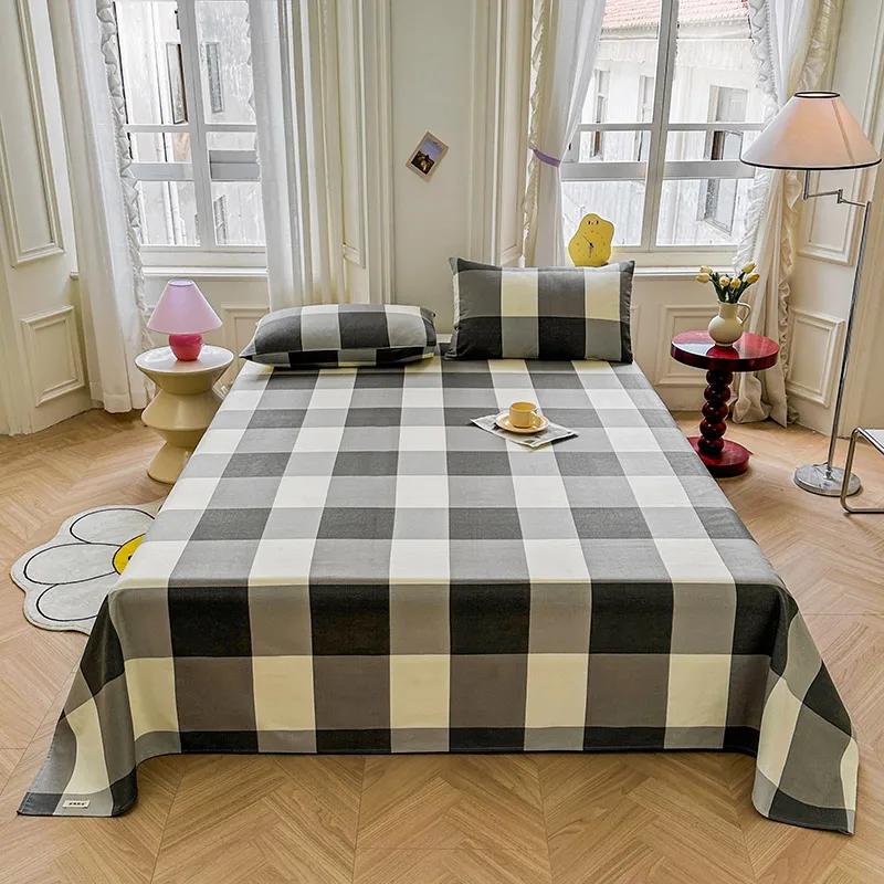 Simple Black White Checkered Pattern Bed Sheet Set 100% Cotton Skin-friendly Breathable Thicken Flat Sheet with 2 Pillowcases