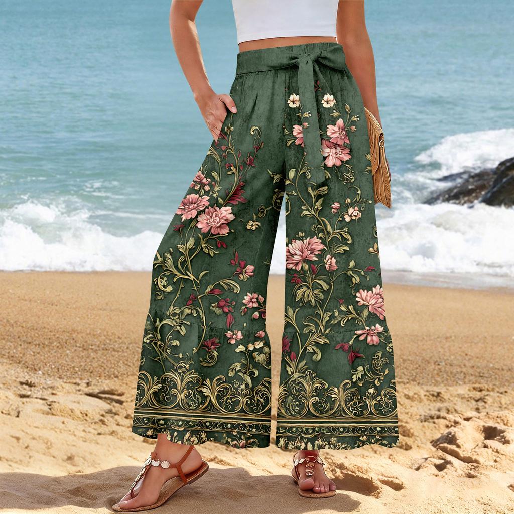 Pantalon décontracté large pour femme, Stretch, Taille haute, Ourlet à volants, Jambes larges, Ceinture, Et poches