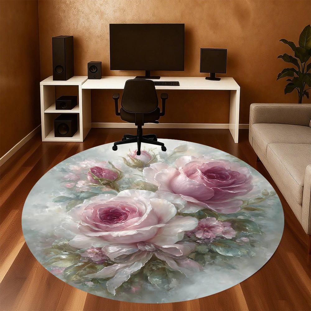 1pc Rose Bouquet Round Chair mat Area Rug - Non-Slip, Floor Mat for Office, Bedroom, home decor Christmas Gift-1002332