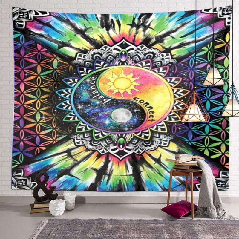 

Yin Yang Balance Connect Tapestry Sun Moon Psychedelic Wall Hanging Decor Indian Mandala Bohemian Hippie Trippy Large Tapestry 74x94cm(29x37in)