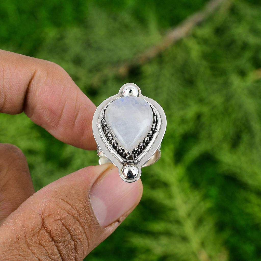 Natural Rainbow Moonstone Multi Stone Adjustable Ring 925 Silver For Girls
