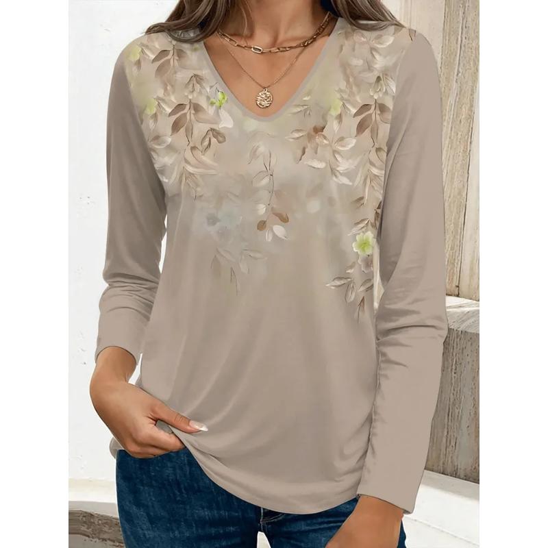 Fashion Women's V-Neck Long Sleeve 3D Casual Color Printing Casual Long Sleeve V-Neck T-Shirt