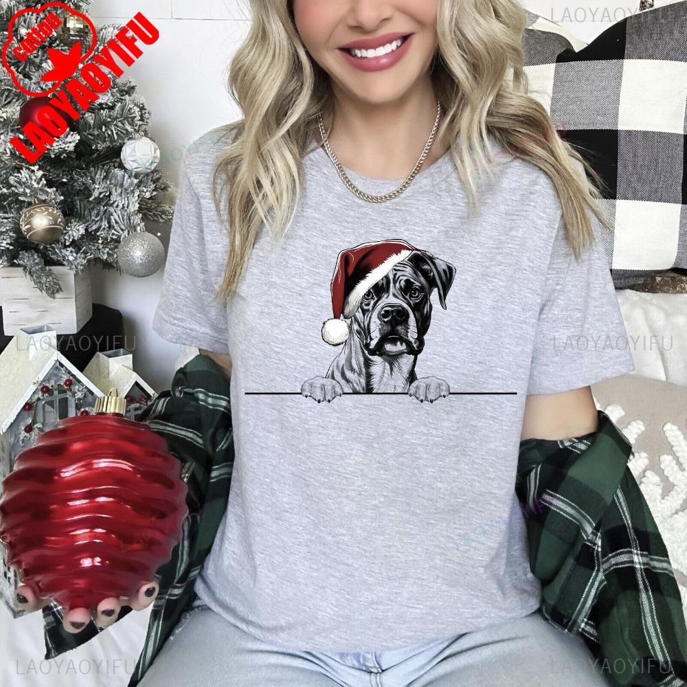 Xmas T Shirt Boxer Dog Xmas Shirt Christmas TShirt Xmas Tshirt Santa Hat Streetwear Harajuku Aesthetic Clothes New Arrival S