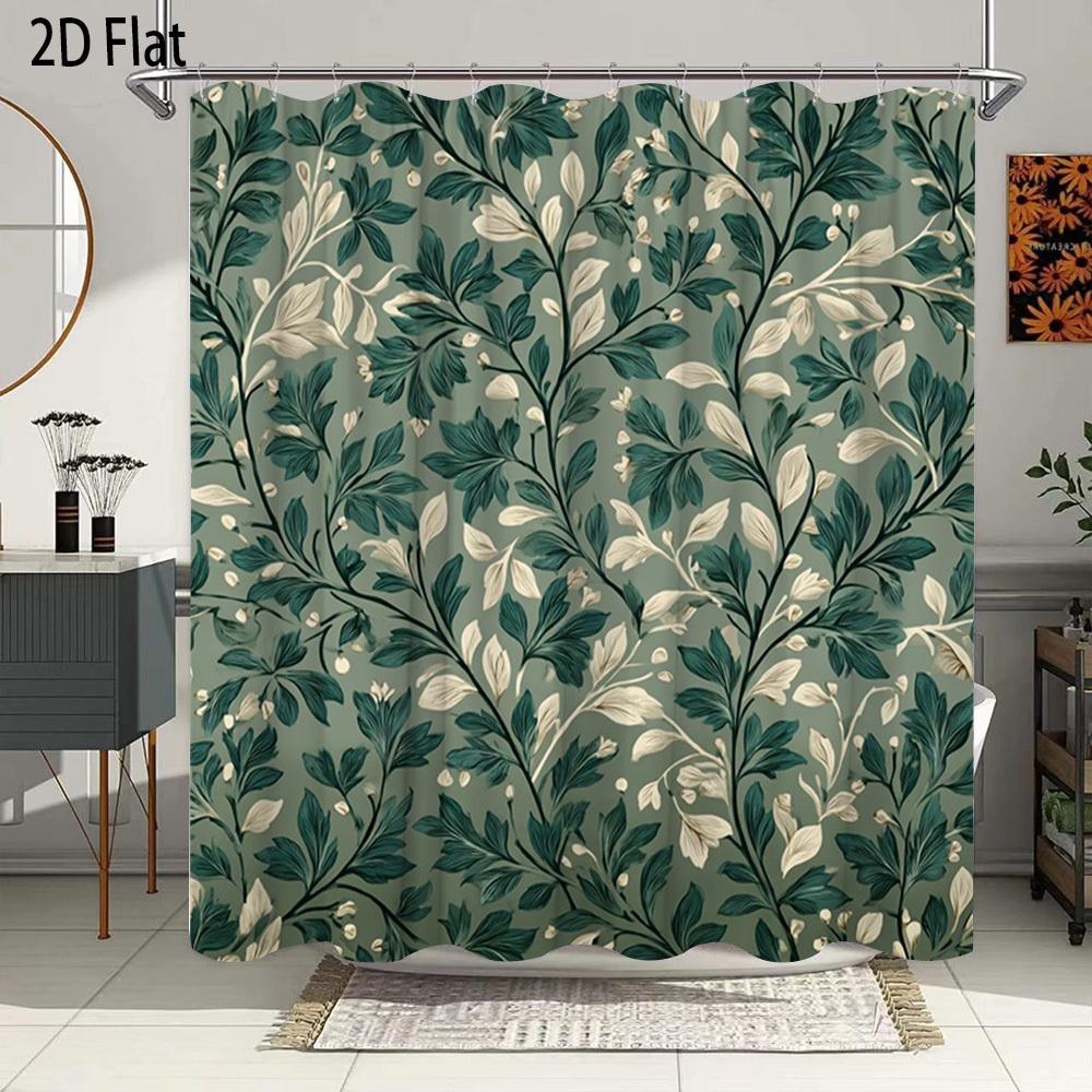 

Foliage Vine Shower Curtain – Deep Green Leaves, Cream Stems On Sage, 2D Flat Print, Non-Embroidered, Polyester, 70.8 X70.8 W60H190(CM)-1 Pcs