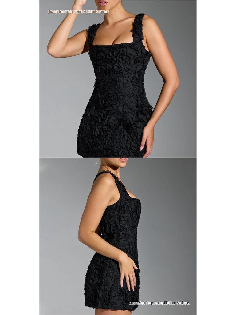 European-American Floral Square Neck Sleeveless Mini Dress