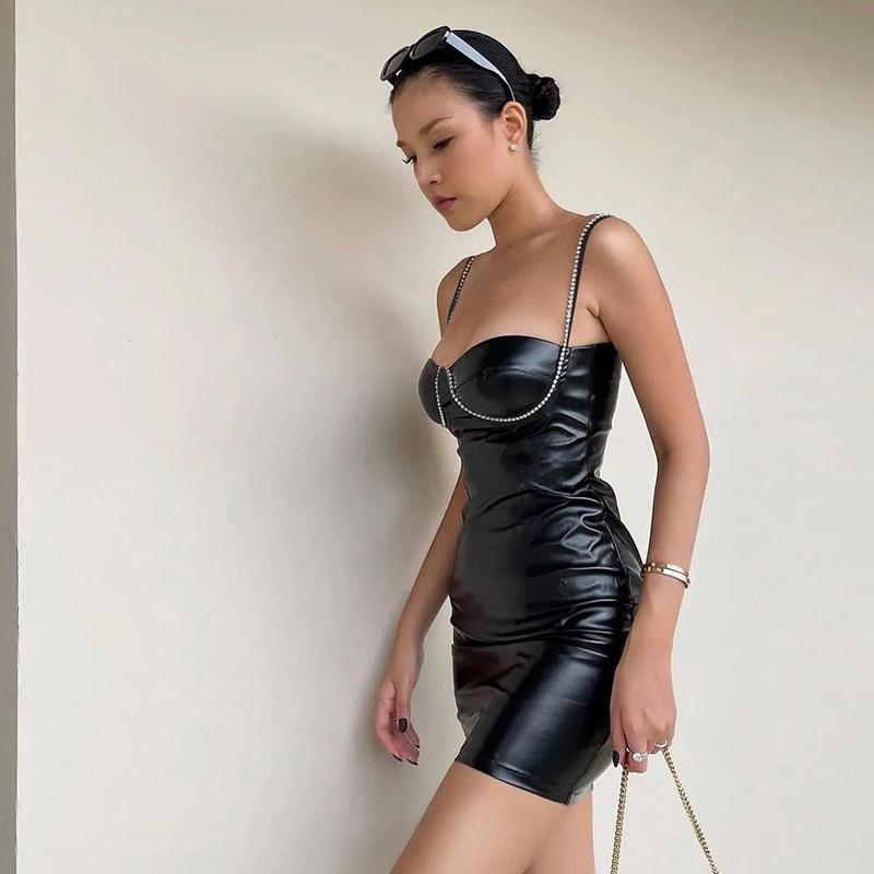Women's PU Leather Imitation Diamond Chain In Autumn and Winter Sexy Temperament Slim Suspender Hip-pack Dress