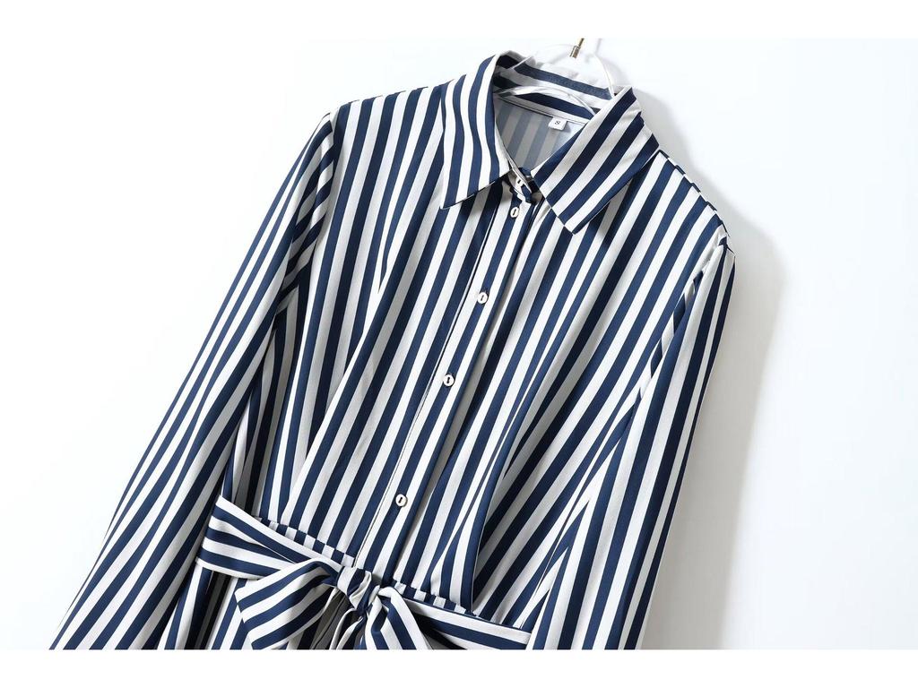2024 Summer Women's Casual Striped Midi Belt Shirt Dress