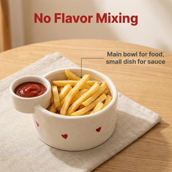 Small Dish for Dips And Snacks French Fries Bowl with Sauce Dipping Compartment, Heat Resistant Ceramic Snack Server, Microwave Safe Dual Section
