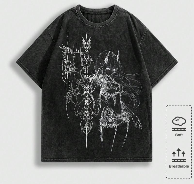 Goth Summer Casual Graphic Men'S Anime Washed Round Neck Short Sleeve T-Shirt, Fashion Summer Wear, 2000S Style