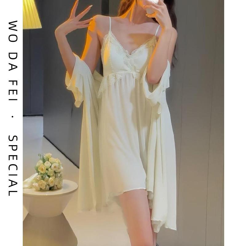 [Strict Selection] Acetate Lace Sexy Thin Natal Year Pajamas Women's French Pure Desire Wind Cool Medium and Long Pajamas
