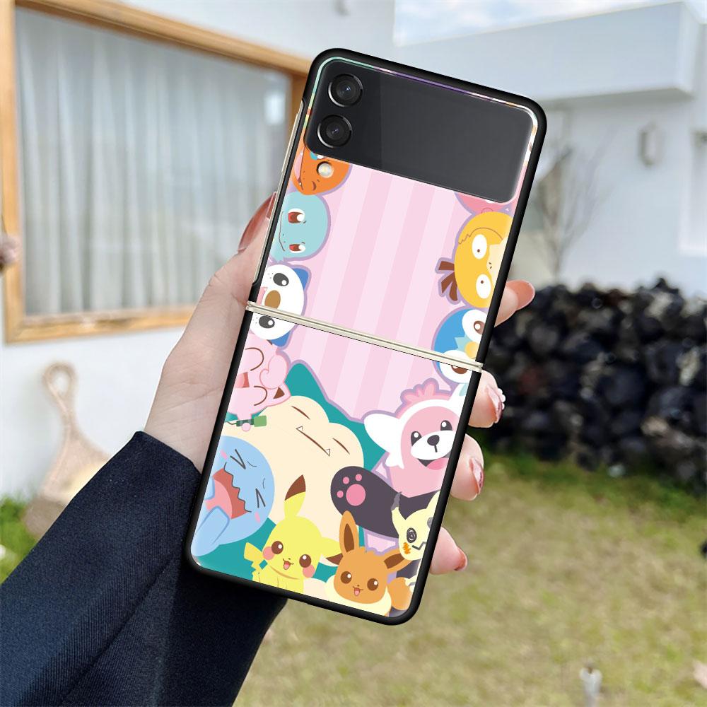 Z Flip 3 Case For Samsung Galaxy Z Flip 3 5G Black Hard Luxury Phone Cover Fall Prevention Fashion PC Shell Cute Pokemon EEvee