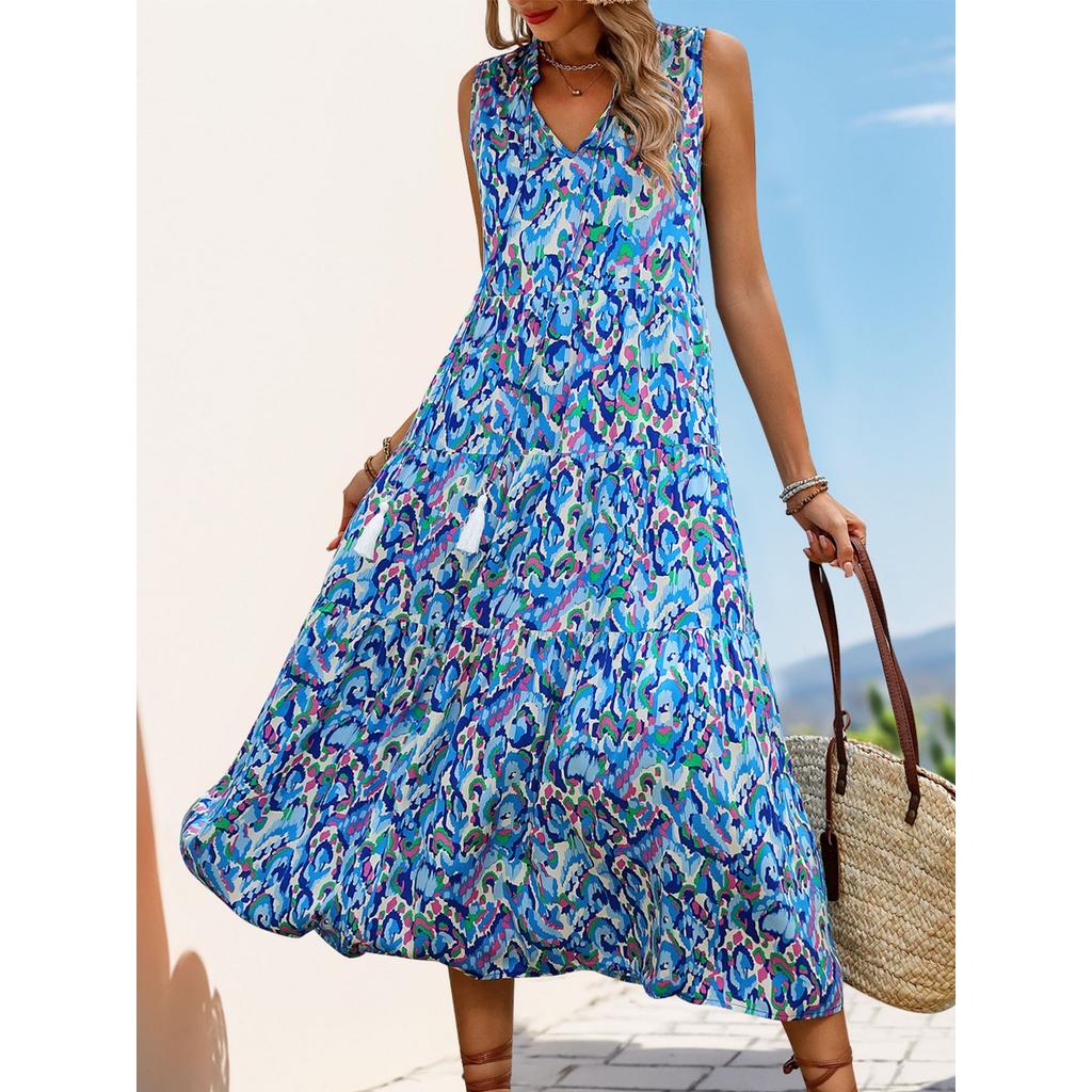 New European American Style Summer Abstract Print Midi Dress for Beach Vacation