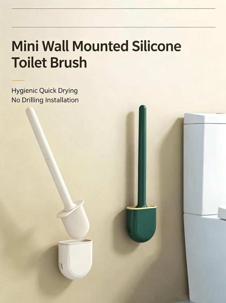 Silicone Toilet Brush with Holder, Drill-Free Wall Mount, Flexible Silicone Bristles Deep Clean Bathroom Toilet Cleaning Tool