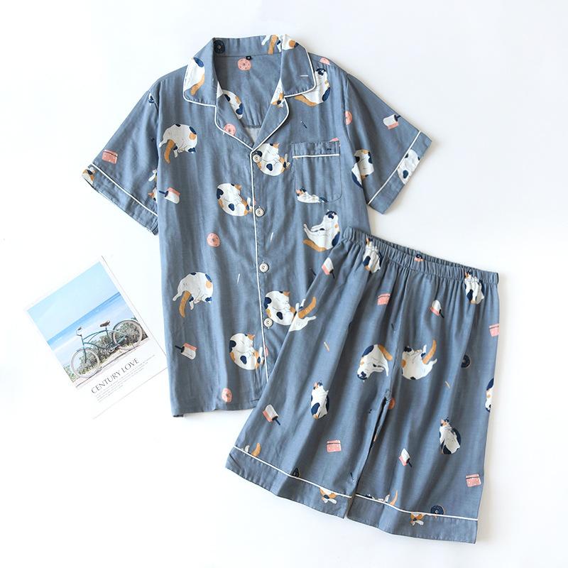 Japonská jednoduchá krátká pyžama dámská 100% bavlna krátké rukávy dámské pyžamové soupravy šortky Roztomilé kreslené oblečení na spaní dámské domácí oblečení