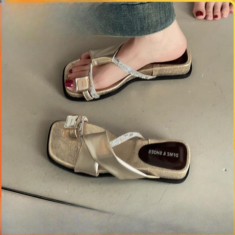 

Ретро туфли на одно плечо, повседневные пляжные женские шлепанцы на танкетке с водяными бриллиантами 40 шампанского