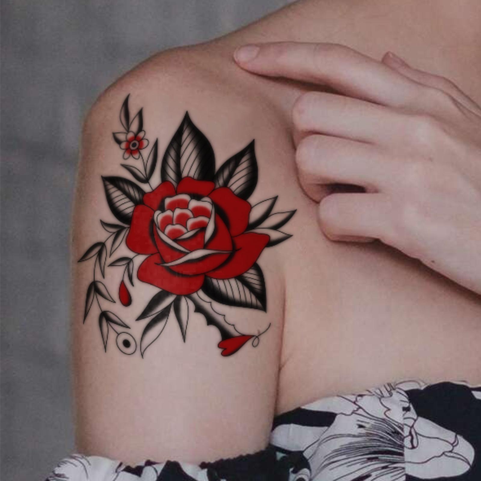 Glow Makeup Unisex American Traditional Rose Tattoo Sticker, Waterproof And Long-Lasting, Men's And Women's High-End Simulation Tattoos