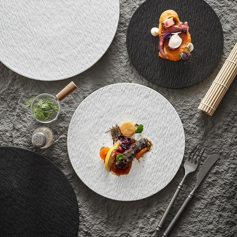 Large Round Ceramic Plate with Stone Pattern - Perfect for Steaks, Cakes, Desserts, and Sushi