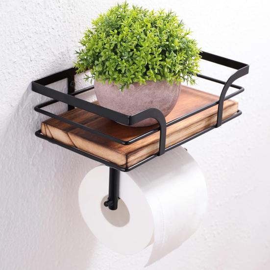 Rustic Farmhouse Toilet Paper Holder with Shelf Strong Load-bearing Tissue Rack Storage Wooden Shelf Bathroom Accessories