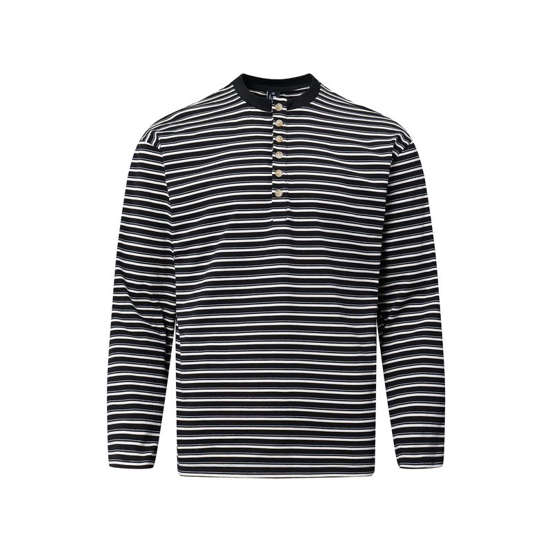 Kisko American Retro Classic Striped Henry Collar Long-Sleeve T-Shirt for Men and Women, Simple Casual Lazy Base Shirt Top