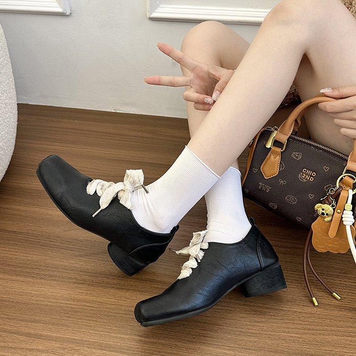 Cowhide Version! Retro Literary Square Head Small Leather Shoes Design Sense Thick Heel Front Lace-up Outer Wear Temperament Thick Sole Single Sho