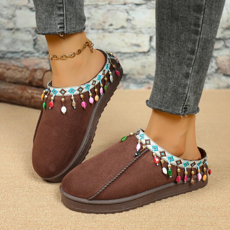Pantofole in Cotone Decorazione Frange Boemia Donna Inverno 2025 Comfort Suola Spessa Non-Slip Calde Peluche Corto Ciabatte da Esterno