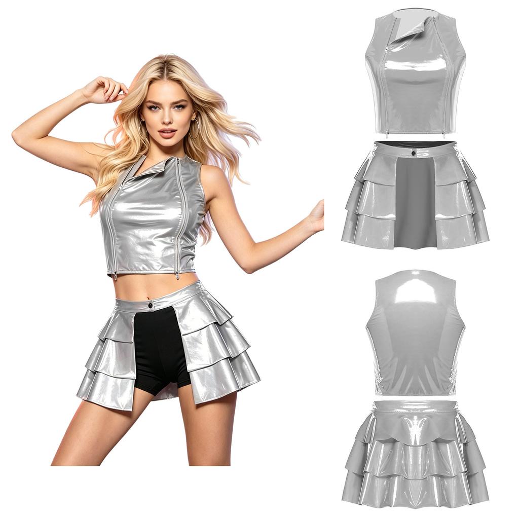 Ladies Shiny PU Two Piece Clubwear Crop Tank Top Double Zipper Front and Layered Ruffle Front Split Miniskirt S-3XL for Rave Party