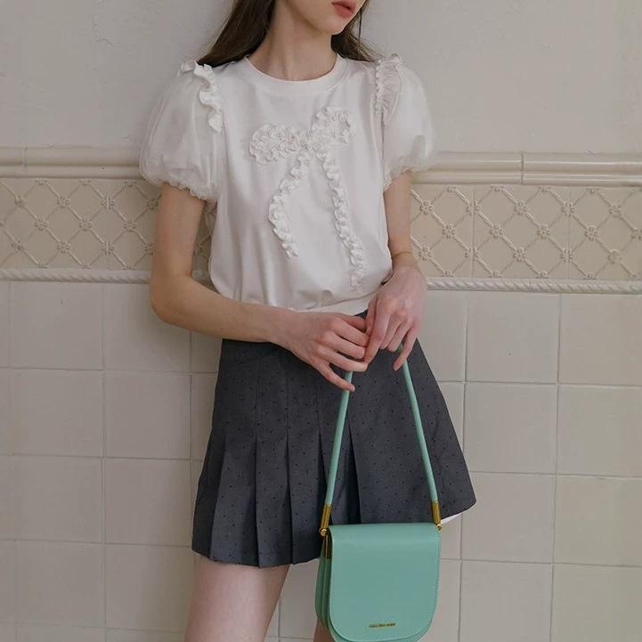 ISLOVE Unique Super Good-looking Fungus Lace Bow Top White Organza Bubble Sleeve T-shirt Women's Summer