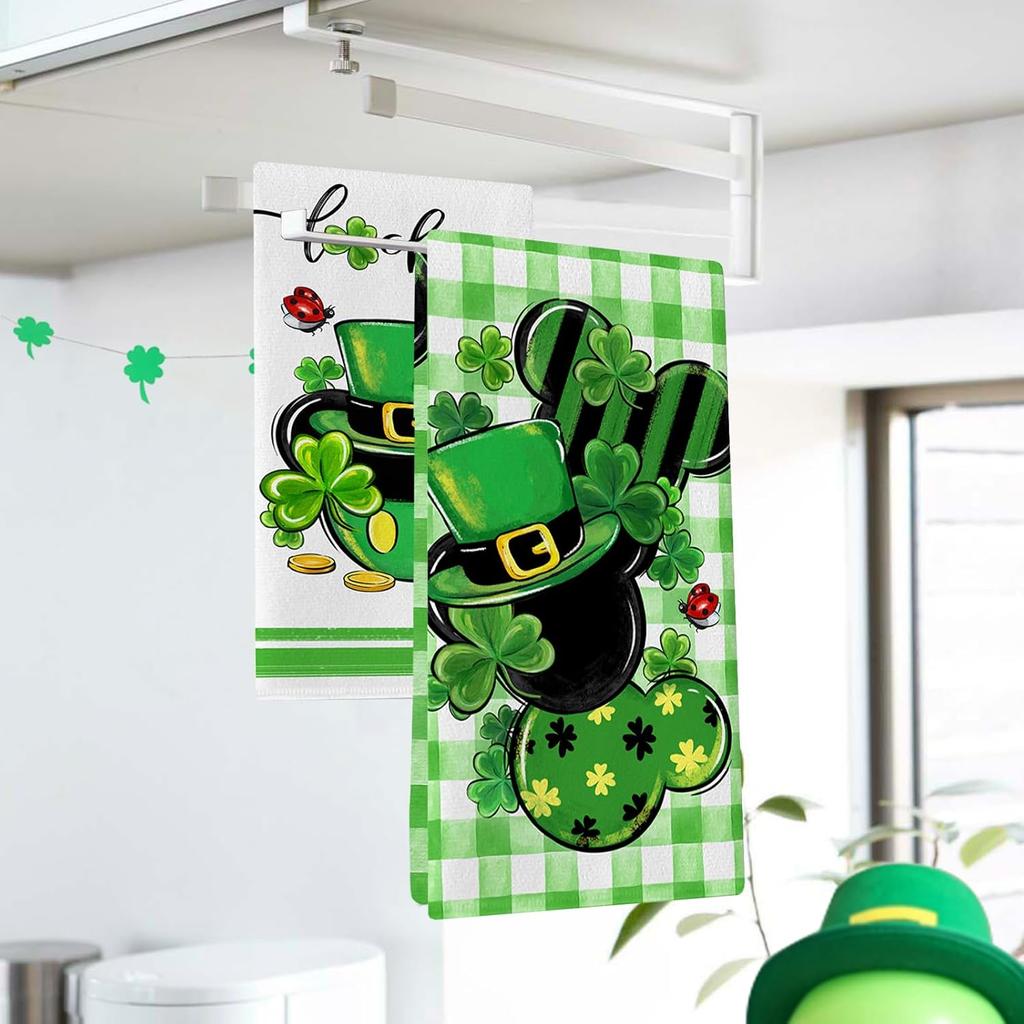 Seliem St. Patrick's Day Kitchen Dish Towels Set of 2, Lucky Clover Shamrock Green Hat Hand Towels Drying Baking Cooking Cloth, Plaid Check Farmhouse